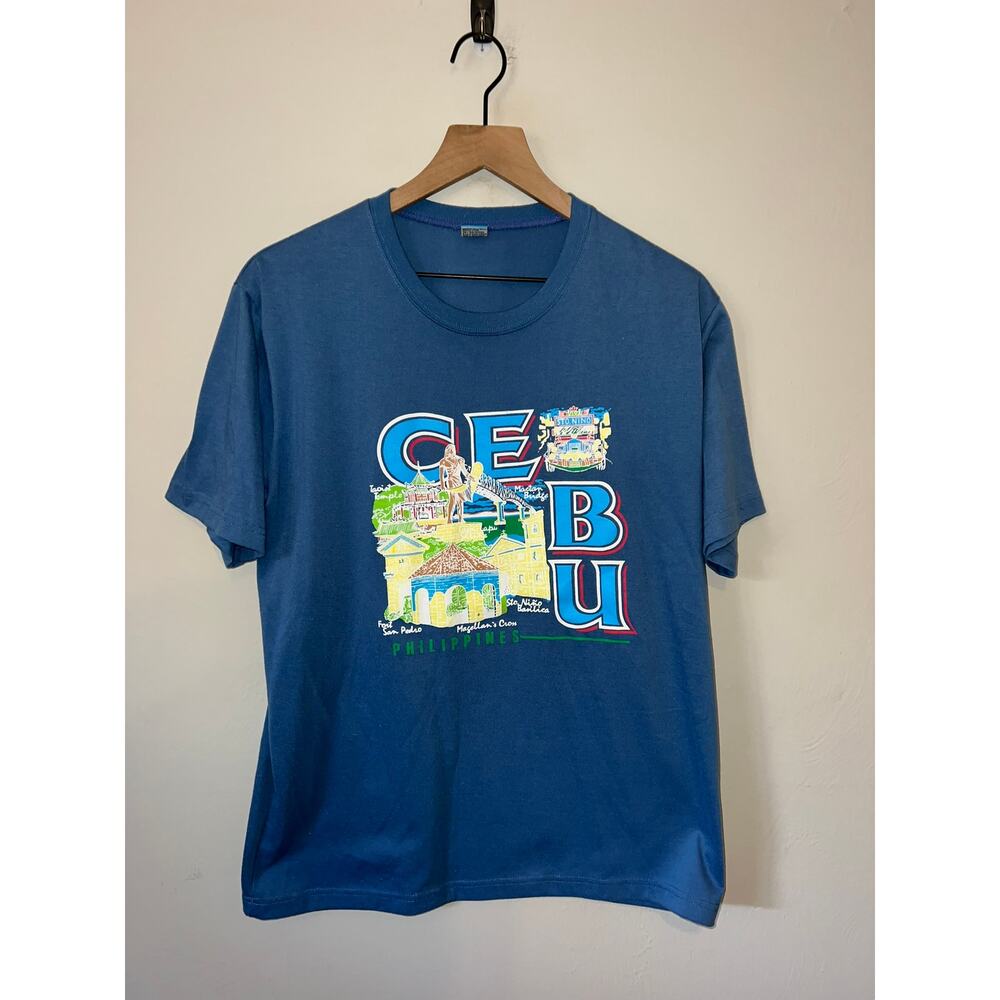 Vintage Philippines Shirt Cebu Sto. Nino Graphic Blue Tee VTG 1990s M Medium